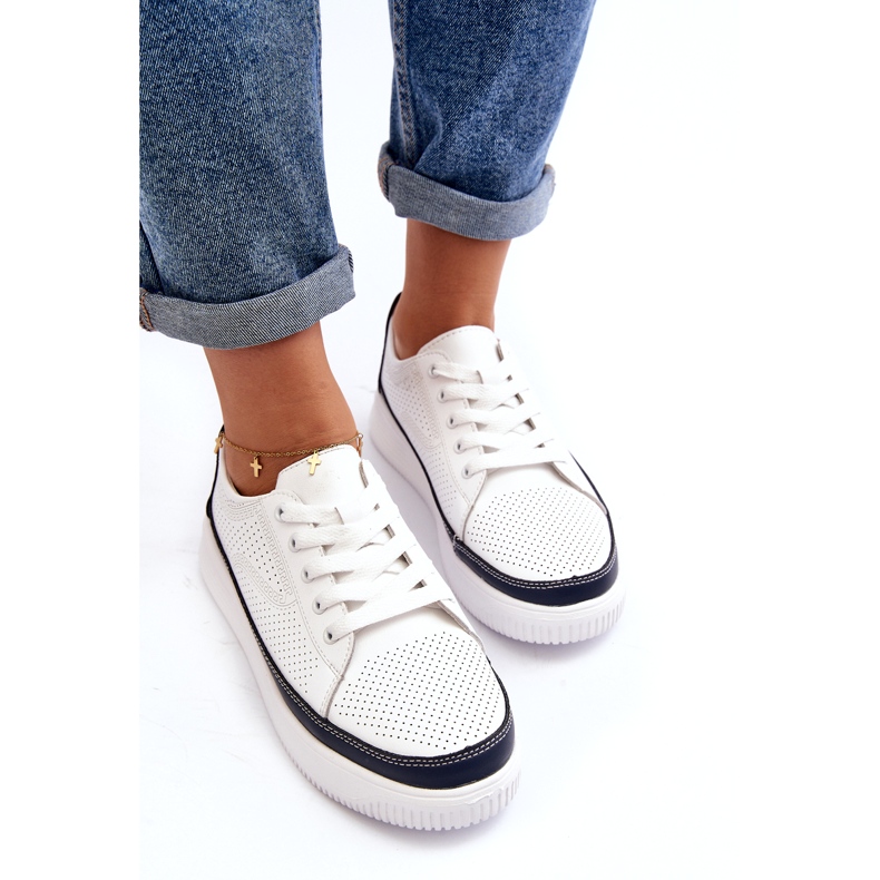 Sergio Leone Pantofi sport de damă din piele, pantofi sport, alb și bleumarin 3