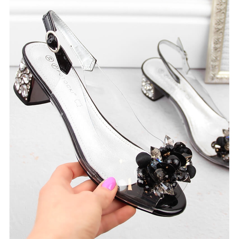 Sandale de dama transparente cu margele, negre Potocki WS43300 negru 1