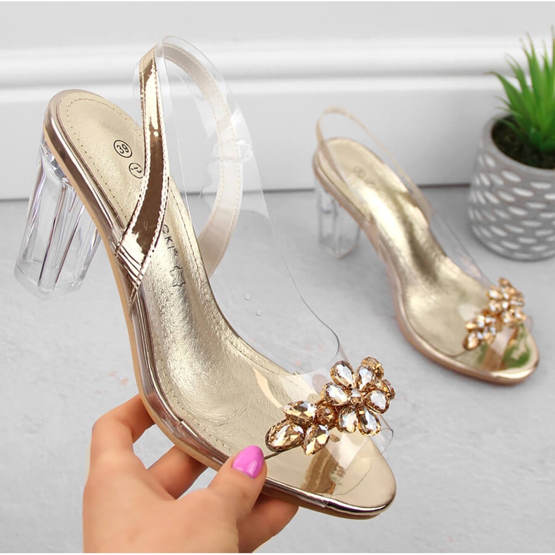 Sandale transparente de damă cu toc înalt și zirconi aurii Potocki WS43305 de aur 1