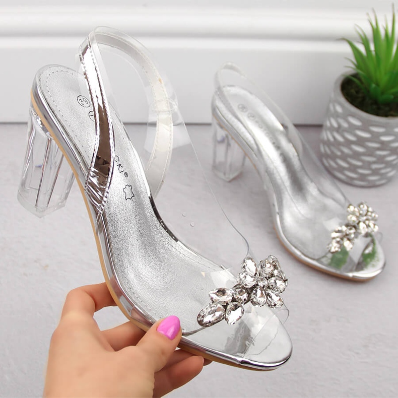 Sandale transparente de damă cu toc înalt și zirconi argintii Potocki WS43305 1