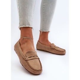 Mocasini clasici de damă din piele intoarsa Bej închis Glimris 2