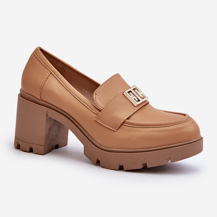Pantofi De Dama Toc Gros Cu Decorat Ranunca Camel maro 1