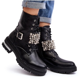 Botine izolate pentru femei Worker decorate Lennen negru 12
