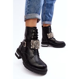 Botine izolate pentru femei Worker decorate Lennen negru 10