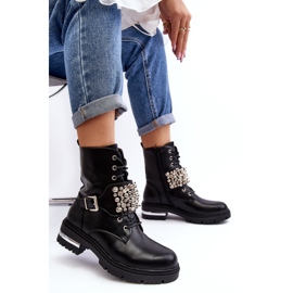 Botine izolate pentru femei Worker decorate Lennen negru 4