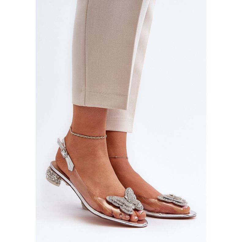 S.Barski Sandale transparente cu toc mic, cu un fluture roz argintiu D&amp;A MR38-388 2