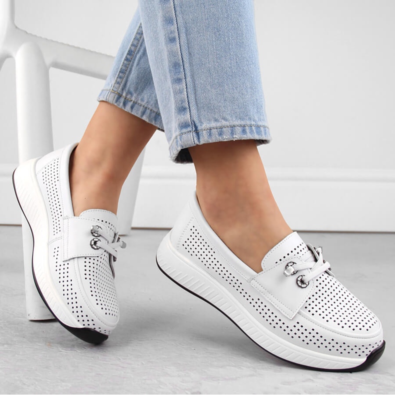 Pantofi de dama din piele, mocasini slip-on ajurati, alb Artiker 54C1752 1