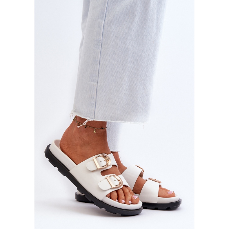 Flip-flops de damă din piele ecologică cu catarame, alb Valmira 2