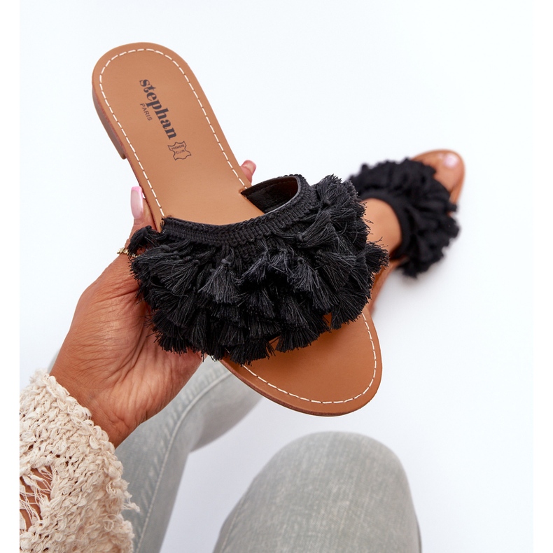 Flip Flops Damă Plati Cu Franjuri, Rialle Negru 1
