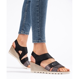 Sandale cu pană cu velcro pentru damă negru 1