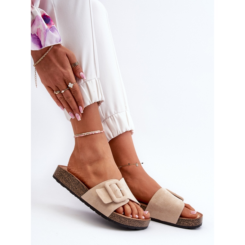 Flip-flops de damă cu cataramă din piele ecologică bej Laeltia 1