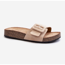 Flip-flops de damă cu cataramă din piele ecologică bej Laeltia 2