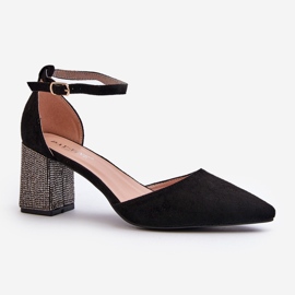 Pompi din piele intoarsa ecologica pe toc decorat, Anlitela neagra negru 1