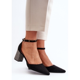 Pompi din piele intoarsa ecologica pe toc decorat, Anlitela neagra negru 2