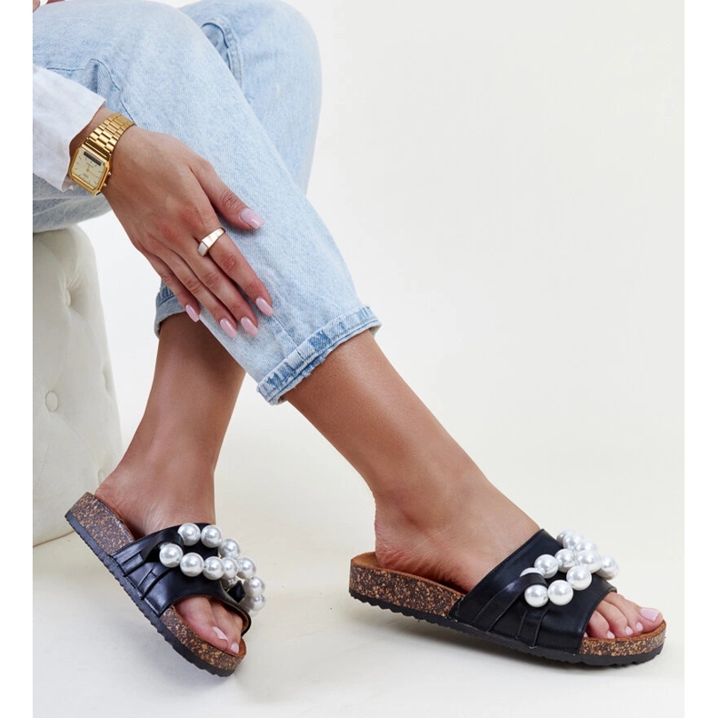 Flip-flops negri cu talpa de pluta cu margele Zlatna negru 1