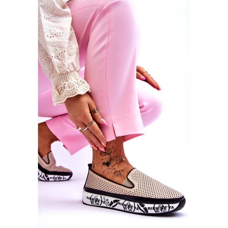 S.Barski Pantofi de damă din piele ajurata Slip-On Bej Sorito 3