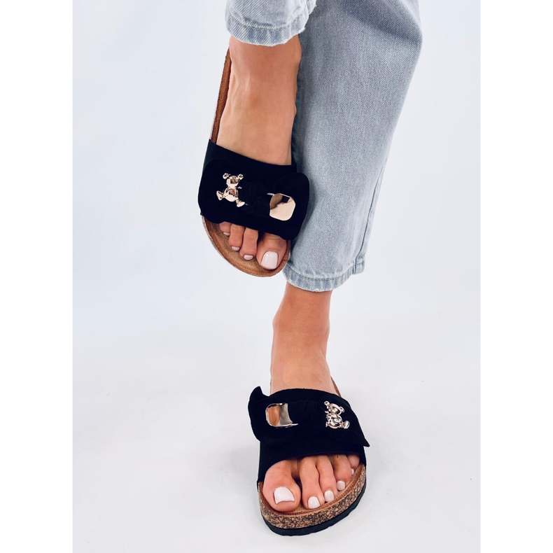 Lops Papuci de plută neagră cu ursuleț de pluș negru 1 Lops Papuci de plută neagră cu ursuleț de pluș negru 1