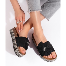 Flip-flops de piele intoarsa neagra cu fundita negru 1