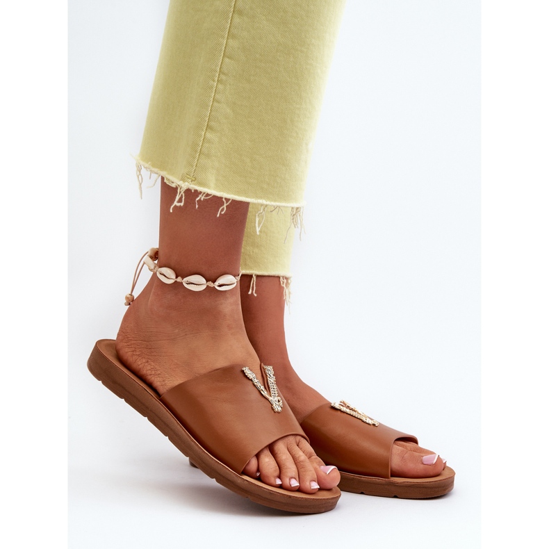 Flip-flops Damă Pe Talpă Plată Cu Decor, Piele Ecologică, Maro Makia 2