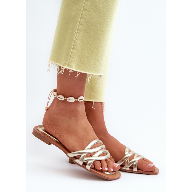 Flip-flops de damă din piele ecologică cu toc plat, Moldela aurie de aur 2