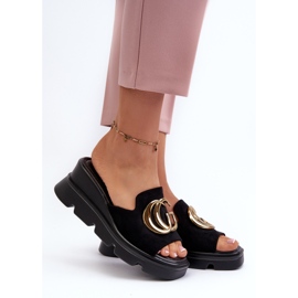 Vinceza Flip-flops de damă din piele de căprioară ecologică pe pană și platformă cu decor auriu, negru Iaria 2