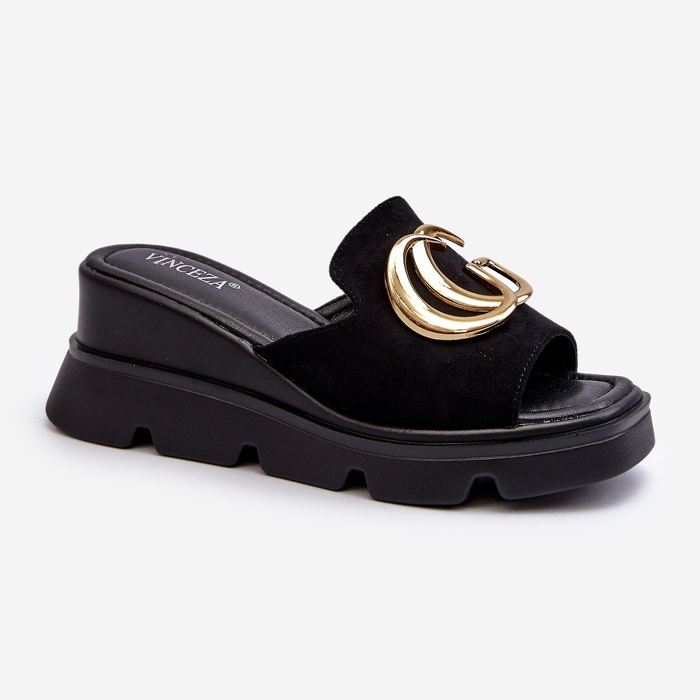 Vinceza Flip-flops de damă din piele de căprioară ecologică pe pană și platformă cu decor auriu, negru Iaria 1 Vinceza Flip-flops de damă din piele de căprioară ecologică pe pană și platformă cu decor auriu, negru Iaria 1