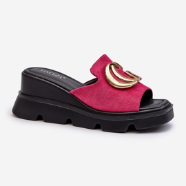 Vinceza Flip-flops de damă din piele de căprioară ecologică pe o pană și o platformă cu decor auriu Fuchsia Iaria roz 1