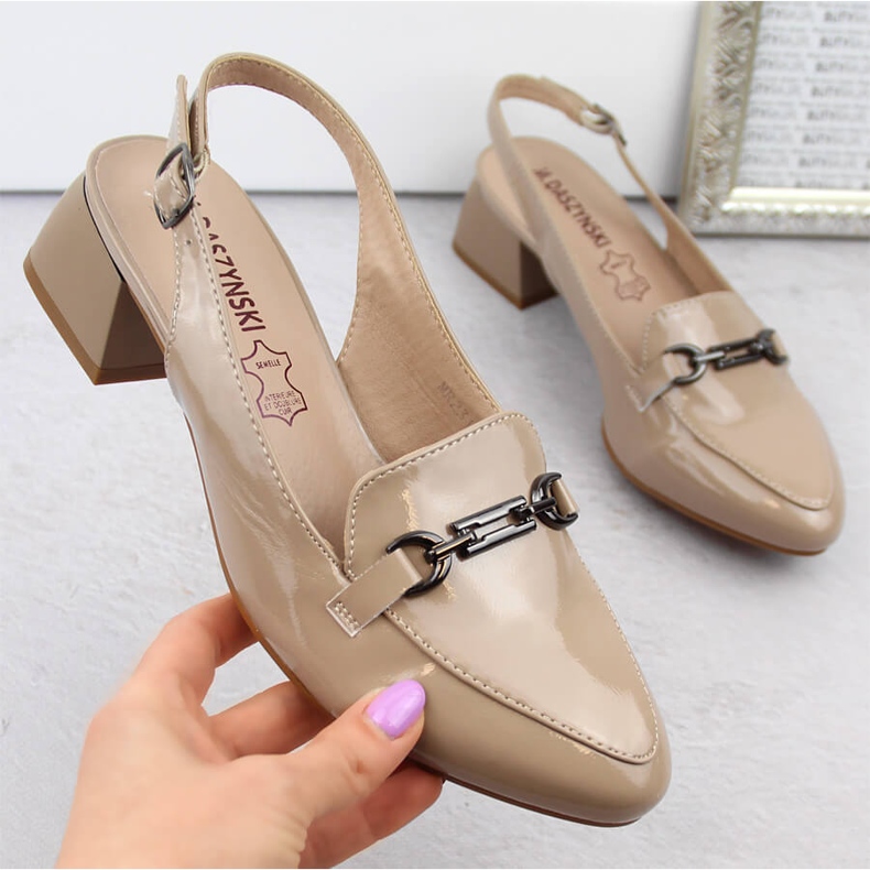 M. DASZYŃSKI Sandale de damă cu toc înalt, patentate, bej M.Daszyński MR23112-4 1