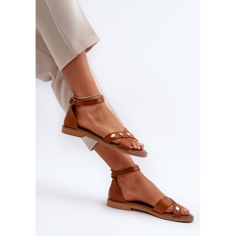 Sandale plate din piele pentru femei Zazoo 40378, maro 1