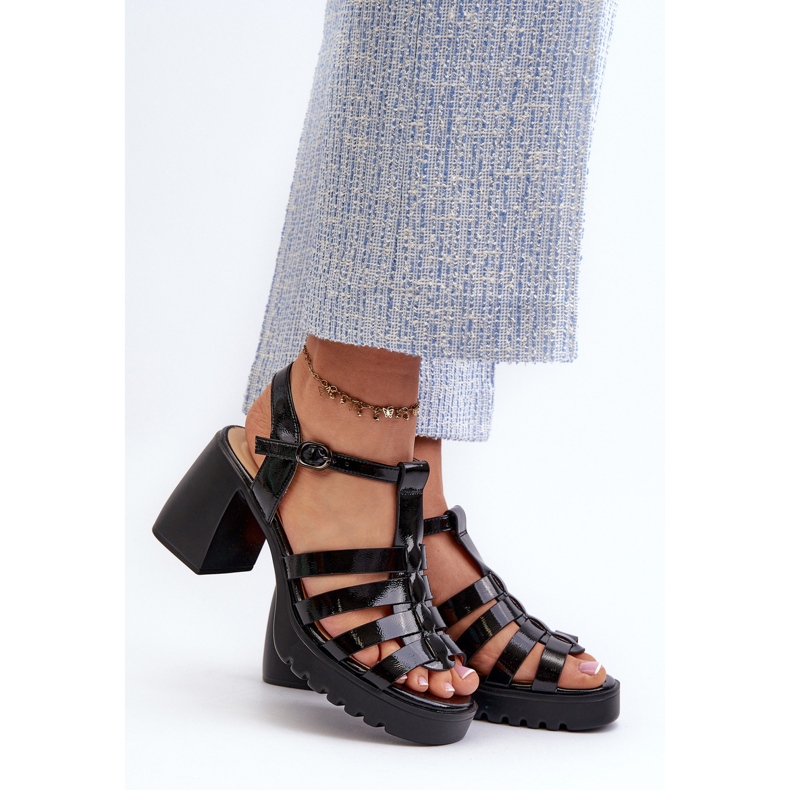 Vinceza Sandale de dama din piele lacuita pe toc inalt, Aninifer Negru 2