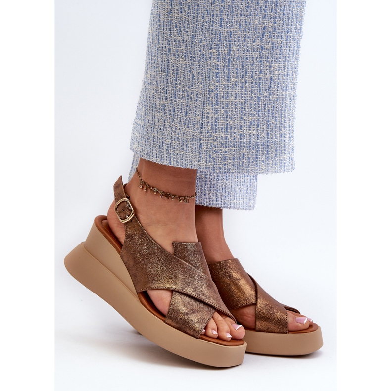 Jezzi Sandale de damă Vaiara din piele ecologică cu platformă și pană din cupru maro 2