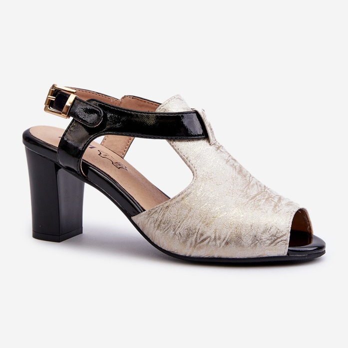 Jezzi Sandale de damă cu toc înalt din piele ecologică, auriu și negru Queenmarie de aur 1