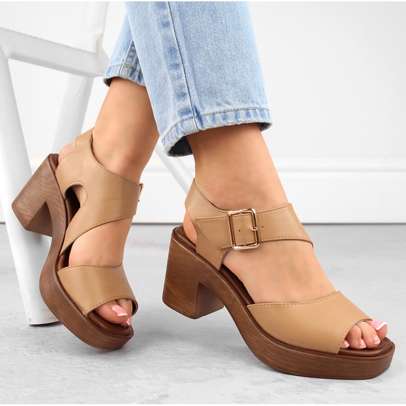 M. DASZYŃSKI Sandale de damă pe toc înalt și platformă kamel M.Daszyński MR23117-1 bej 1