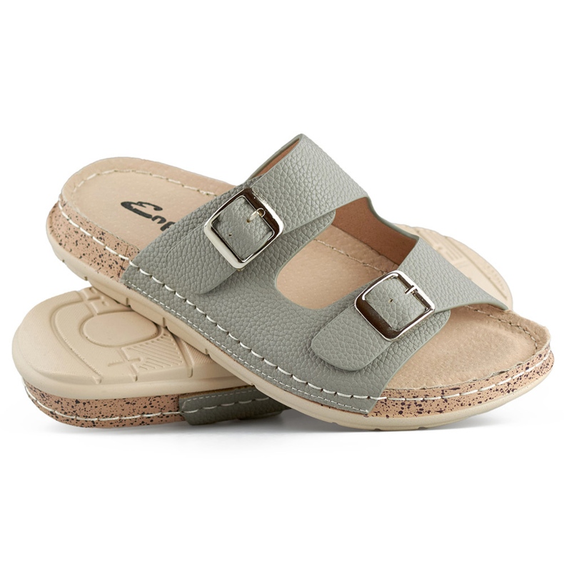 Șlapi de damă, gri, confortabili, cu două catarame și branț din piele 1