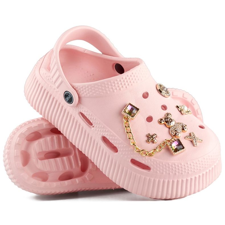 Șlapi roz cu talpă groasă și decorațiuni 1