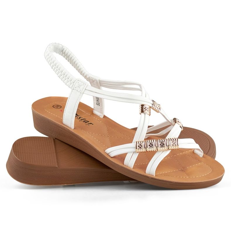 Sandale de dama cu banda elastica cu decor auriu alb 1