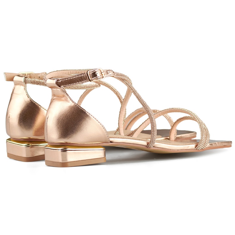 Sandale de dama elegante cu toc joase cu zirconiu cubic roz 1