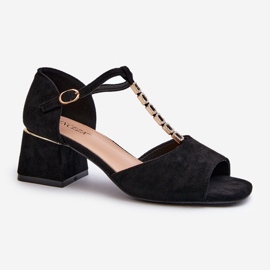 Vinceza Sandale de dama cu toc bloc si curea decorativa, piele intoarsa ecologica, Obivena neagra negru 1