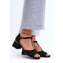 Vinceza Sandale de dama cu toc bloc si curea decorativa, piele intoarsa ecologica, Obivena neagra negru 2