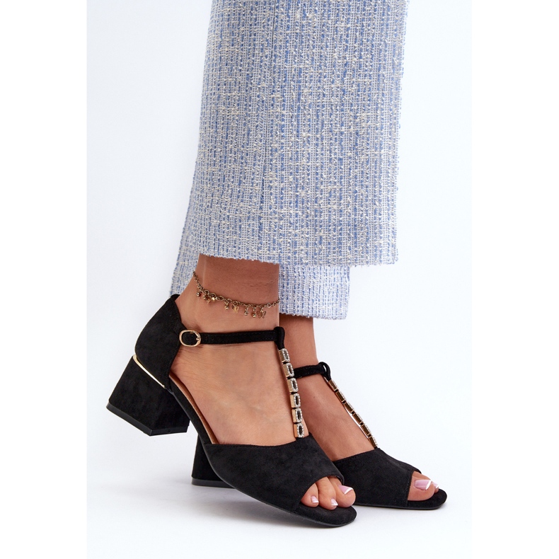 Vinceza Sandale de dama cu toc bloc si curea decorativa, piele intoarsa ecologica, Obivena neagra negru 2