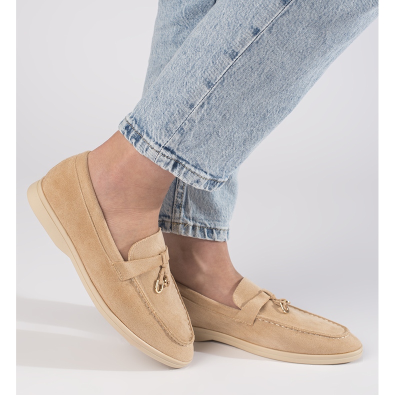 Mocasini de dama de piele intoarsa bej 2