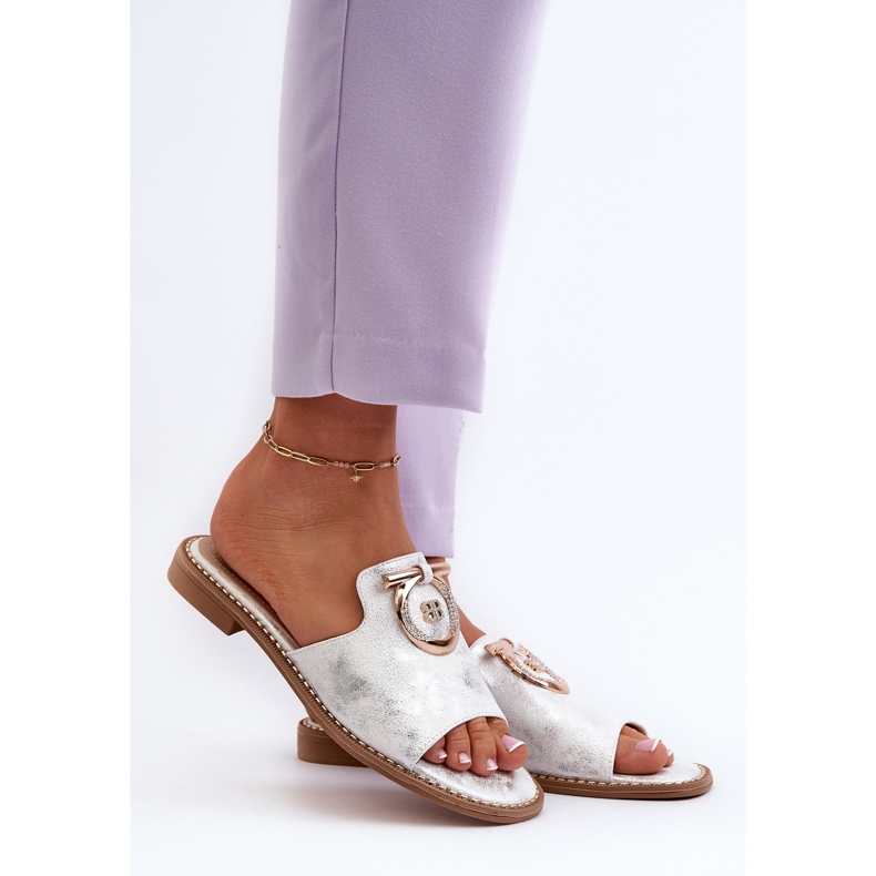 Flip-flops eleganti strălucitori pentru damă, cu decor S.Barski KV27-032 argintiu 2