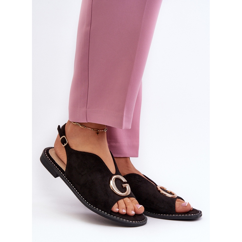 Sandale De Dama Elegante Cu Decoratie, Eco Suede S.Barski KV27-058 Negru 2 Sandale De Dama Elegante Cu Decoratie, Eco Suede S.Barski KV27-058 Negru 2