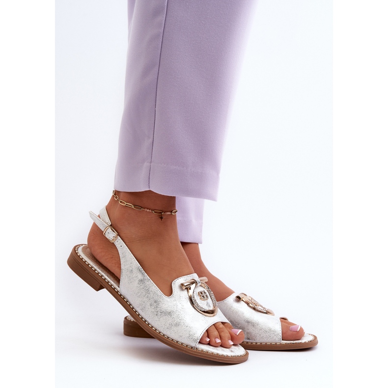 Sandale elegante de damă cu decorațiuni aurii pe tocuri plate, argintii S.Barski KV27-053 2