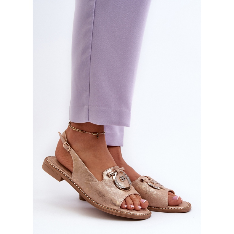 Sandale elegante de damă cu decorațiuni aurii pe tocuri plate, auriu roz S.Barski KV27-053 de aur 2