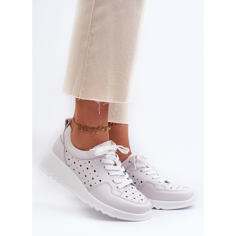 Pantofi de damă ajurat cu pană din piele naturală gri deschis S.Barski LR482 2