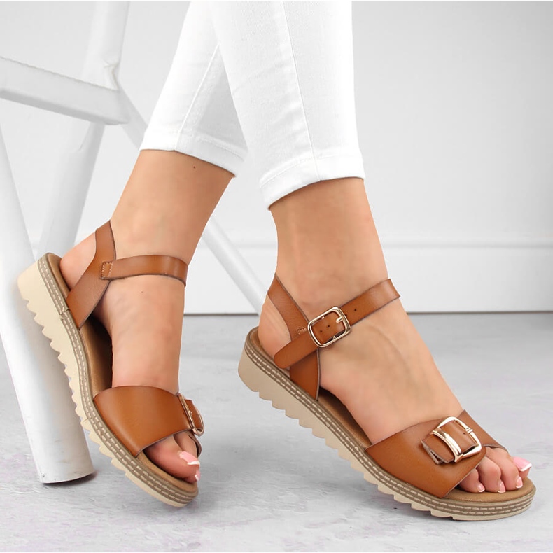 Sandale cu pană de damă cu cataramă, maro, Sergio Leone SK078H 1