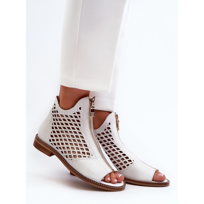 Sandale Zazoo 977/L Piele Ajurata Cu Fermoar, Alb 2