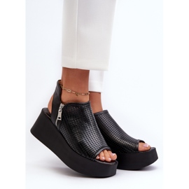 Sandale cu pană ajurata Zazoo 1792 din piele, negru 2