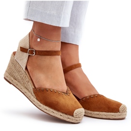 Joia Sandale cu pană cu espadrille din piele intoarsa, cu impletitura camel maro 4